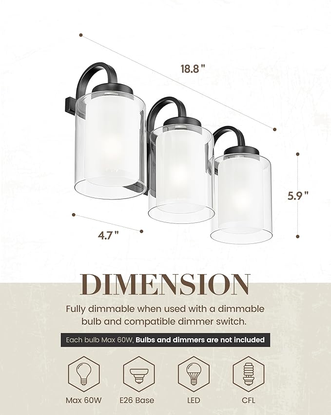 TENGXIN 3-Light Bathroom Vanity Light, Black Vanity Light Over Mirror, Farmhouse Wall Sconces with Dual Glass Shade, Modern Wall Lamp for Bedroom Hallway Living Room Cabinet