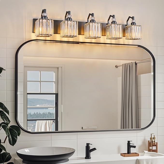 Crystal Vanity Lights - Black 5 Light Modern Bathroom Vanity Light Fixtures Over Mirror