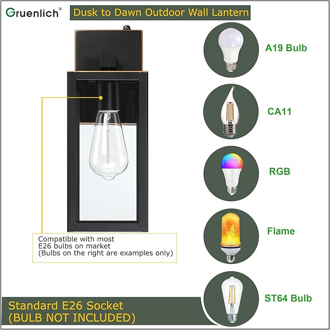 GRUENLICH Dusk to Dawn Large Outdoor Wall Lantern, Wall Sconce as Porch Lighting Fixture, E26 Base Max 60W, Metal Housing with Glass Shade (Oil Rubbed Bronze, 1-Pack)