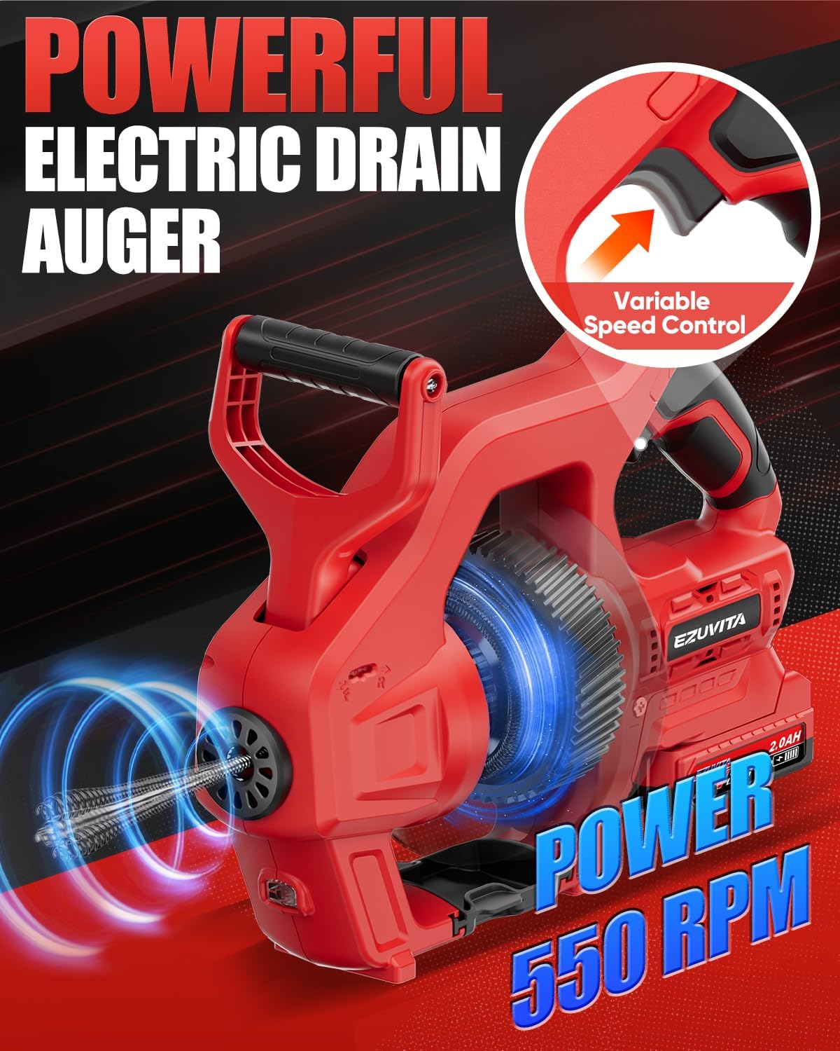 20V Cordless Electric Drain Snake, 25Ft Replaceable Cable with 2.0Ah Battery & Fast Charger, Storage Bag & Gloves, Snake Drain Hair Removal Tool with LED Light for Sink&Sewer 3/4"-2" Pipe