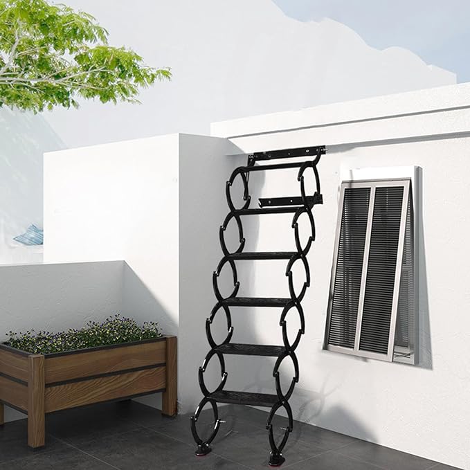 6 Steps Wall Mounted Attic Ladder, Indoor Attic Stairs Pull Down System, Metal Telescoping Step Ladders, Anti-slip Retractable Folding Stair, Loft Extension Steps Staircase for Garages(black, 6 Steps)