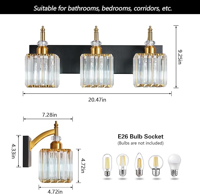Crystal Vanity Lights - Black Gold 3 Light Bathroom Vanity Light Fixtures Over Mirror Modern Vanity Light