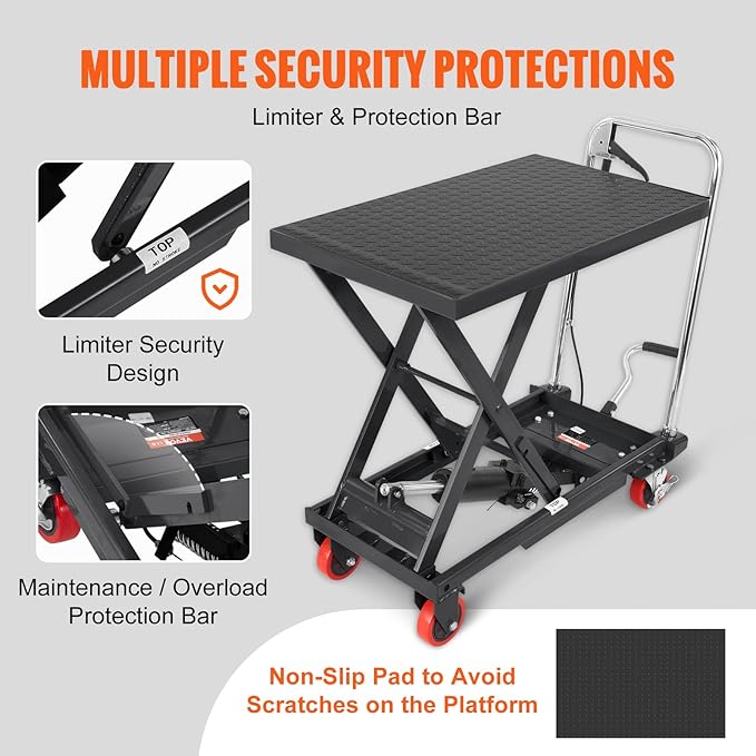 VEVOR Hydraulic Lift Table Cart, 500lbs Capacity 28.5" Lifting Height, Manual Single Scissor Lift Table with 4 Wheels and Non-Slip Pad, Hydraulic Scissor Cart for Material Handling, Black
