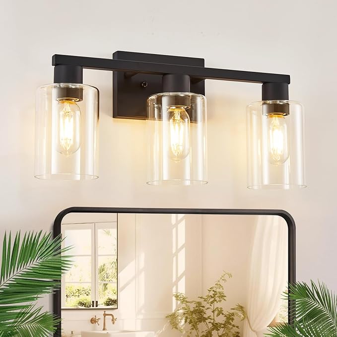 3-Light Bathroom Vanity Light, Black Vanity Lights with Clear Glass Shades, Bathroom Wall Sconce Lamp for Mirror Living Room Bedroom Hallway