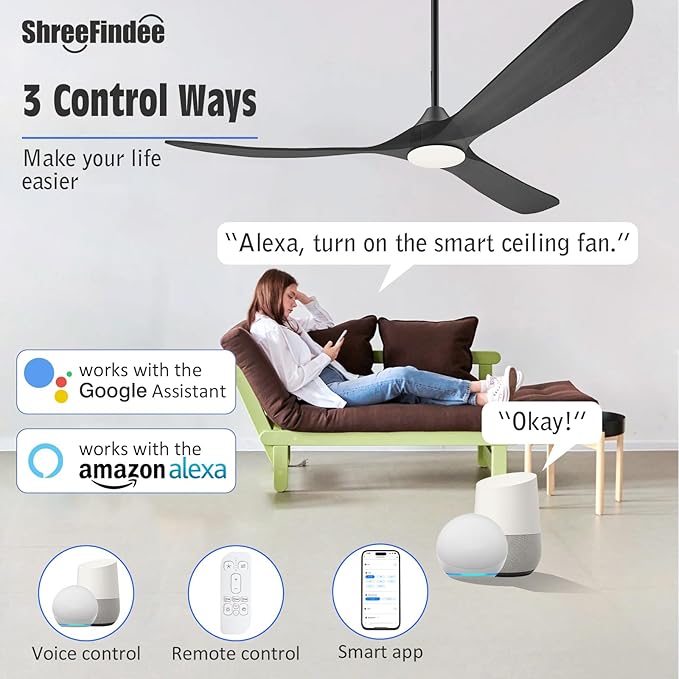 60 Inch Black Outdoor Ceiling Fans with Lights, Smart Ceiling Fan with Remote/APP/Alexa Control, Solid Wood Farmhouse Ceiling Fan for Patios Porch Bedroom, Quiet Reversible DC Motor, Indoor/Exterior