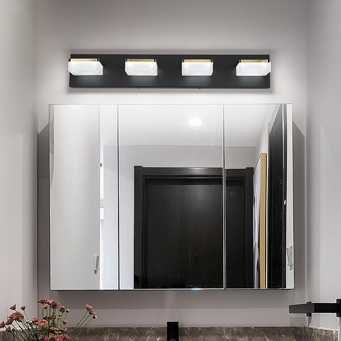 4-Light Dimmable LED Bathroom Vanity Fixture in Black/Gold with White Acrylic Shades, Rotatable Head, Sconce-Style Over-Mirror Lighting 5500K