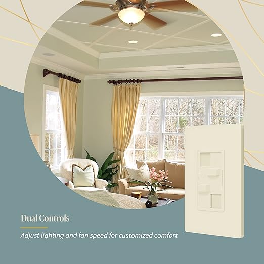 TOPGREENER Kalide Combo Dimmer Switch with 3-Speed Fan Control, Light and Fan Combination Switch, Single Pole, 2.5A, 200W LED/CFL, Neutral Wire Not Required, TGDSFS3-LA, Light Almond