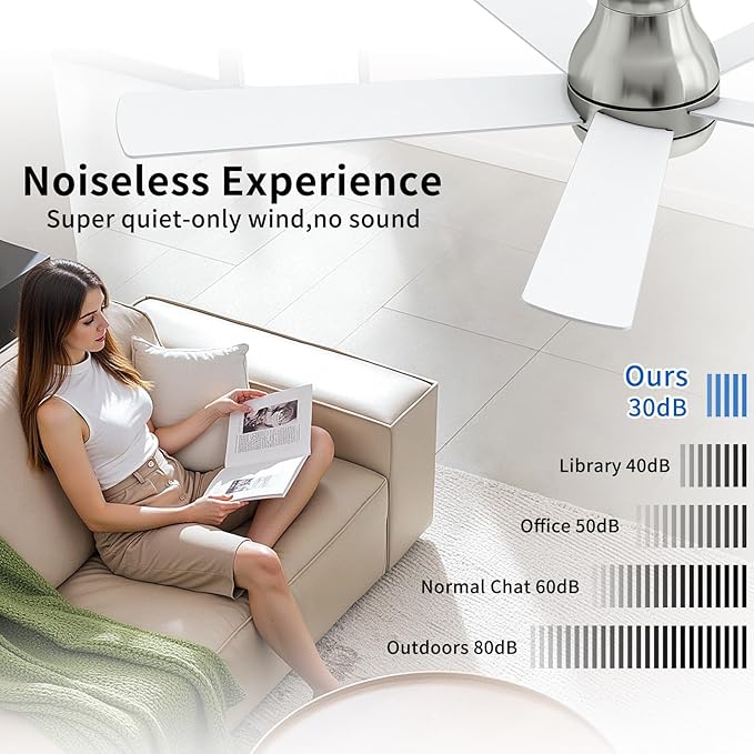 60 Inch Brushed Nickel Ceiling Fans with Lights and Remote, LED Low Profile Flush Mount Ceiling Fan for Bedroom, Living Room, Quiet DC Motor, Dimmable 6 Speeds