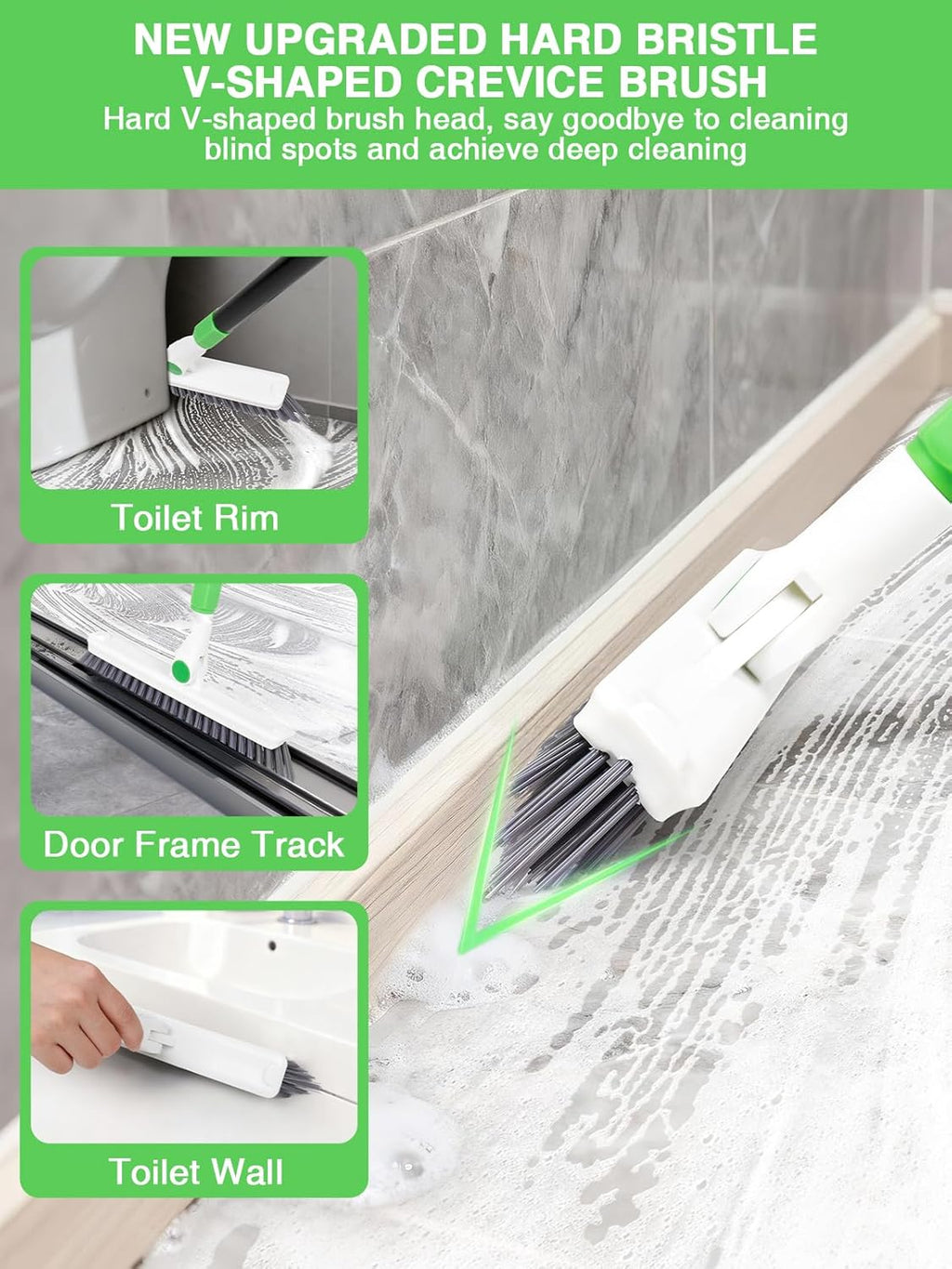 4-in-1 Baseboard Cleaning Tool with Extension Handle Baseboard Cleaning Brush 5 Reusable Pads 1 Stiff Bristle Brush Carpet Rake for Cleaning Baseboards Carpets Windows Walls Floors Bathrooms Kitchen