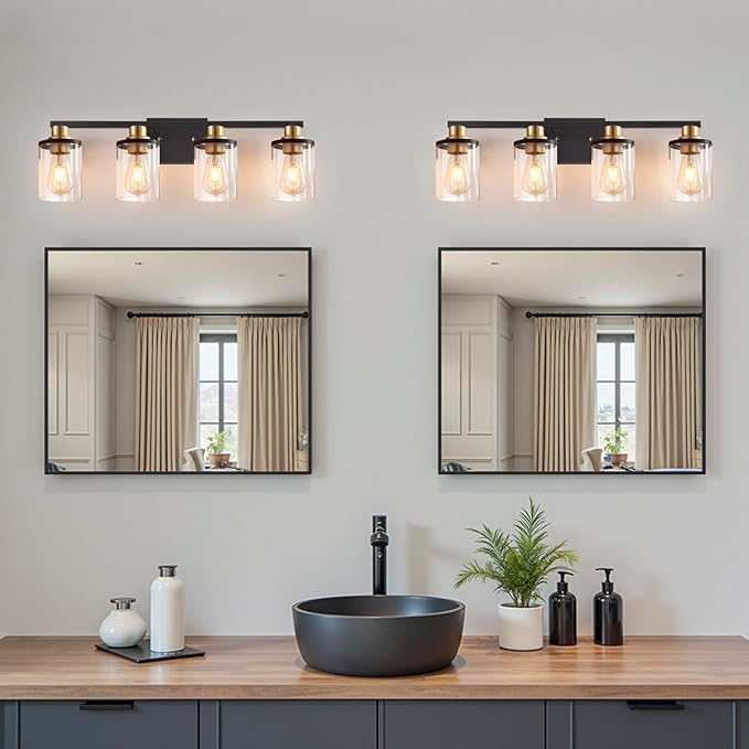 4-Lights Bathroom Vanity Light Fixtures, Modern Black Wall Lamp Over Mirror with Clear Glass Shade for Living Room, Hallway, Kitchen,Toilet, Cabinet Porch
