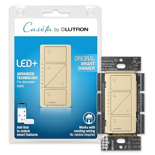 Lutron Caseta Original Smart Dimmer Switch (Lutron Smart Hub Required), for LED Lights, 150 Watt, Single-Pole/3-Way, No Neutral Required, PD-6WCL-IV, Ivory