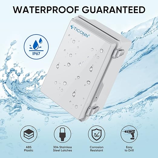 TICONN Waterproof Electrical Junction Box IP67 ABS Plastic Enclosure with Hinged Cover with Mounting Plate, Wall Brackets, Cable Glands (Off-White, 10.2"x6.3"x3.9")