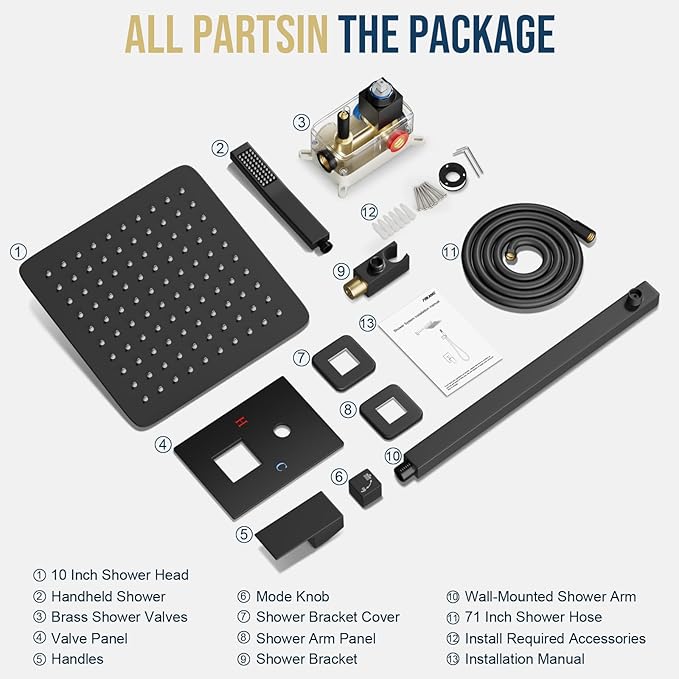 Black Shower Faucet Set, Rainfall Shower System with Square Shower Head and Handle Set, Wall Mounted Shower Fixtures, Full Metal Trim Repair Kit 10 inch Matte Black (With Shower Valve)