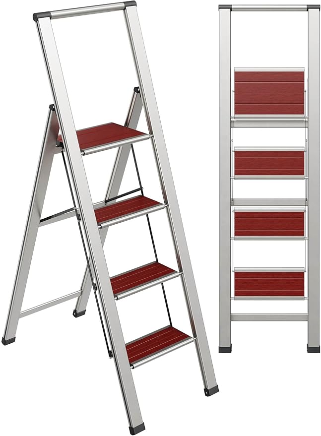 Step Ladder 4 Step Folding, Decorative - Beautiful Mahogany & Silver Aluminum, Ultra Slim Profile, Anti Slip Steps, Sturdy-Portable for Home, Office, Kitchen, Photography Use,by SORFEY