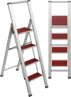 Step Ladder 4 Step Folding, Decorative - Beautiful Mahogany & Silver Aluminum, Ultra Slim Profile, Anti Slip Steps, Sturdy-Portable for Home, Office, Kitchen, Photography Use,by SORFEY