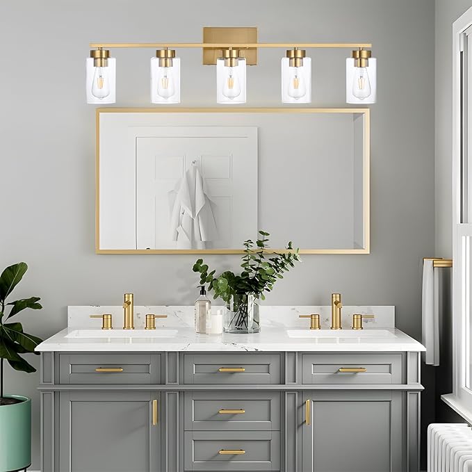 5 Light Bathroom Vanity Light Fixtures, Brushed Brass Modern Wall Lights with Clear Glass Shade, Vintage Wall Sconce Lighting for Living Room, Mirror, Bedroom, Hallway (Gold, 5-Lights)
