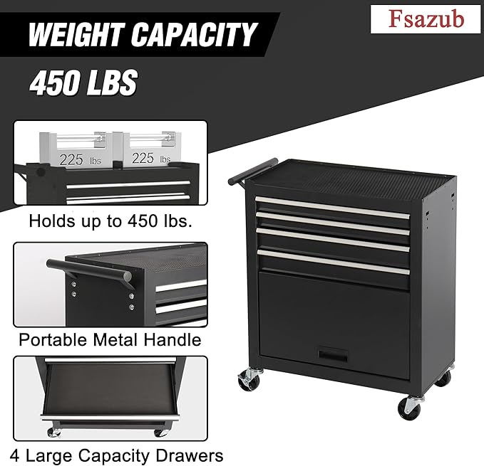 4 Drawers Metal Rolling Tool Chest on Wheels with Lockers, Tool Box Tool Trolley Organizer Cart, Multifunctional Drawers Rolling Storage Tool Case for Garage, Repair Shop(BLACK)