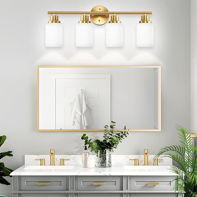 4-Light Vanity Lights, Brushed Gold Bathroom Light Fixture with Striped Textured Milky White Glass Shade, Modern Vanity Lighting Fixture for Bathroom Wall Light Over Mirror, E26 Wall Sconce