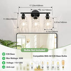 3-Light Bathroom Light Fixtures, Black Modern Vanity Lights with Clear Glass Shade, Bathroom Wall Lamp for Mirror Kitchen Living Room Hallway Cabinet Porch