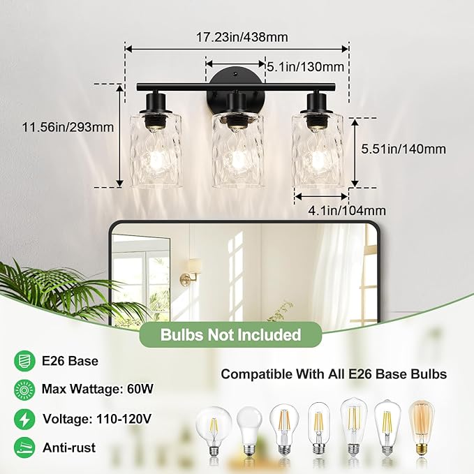 3-Light Bathroom Light Fixtures, Black Modern Vanity Lights with Clear Glass Shade, Bathroom Wall Lamp for Mirror Kitchen Living Room Hallway Cabinet Porch