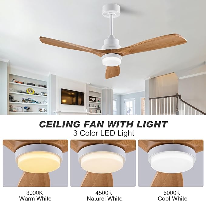 52 Inch Ceiling Fans with Light Remote Control, Wood Ceiling Fans with 3 Blade and Down Rod, 6 Speed DC Motor, Indoor Outdoor Ceiling Fan for Patio, Living Room, Bedroom, Office