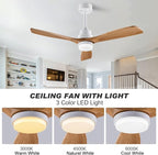 52 Inch Ceiling Fans with Light Remote Control, Wood Ceiling Fans with 3 Blade and Down Rod, 6 Speed DC Motor, Indoor Outdoor Ceiling Fan for Patio, Living Room, Bedroom, Office