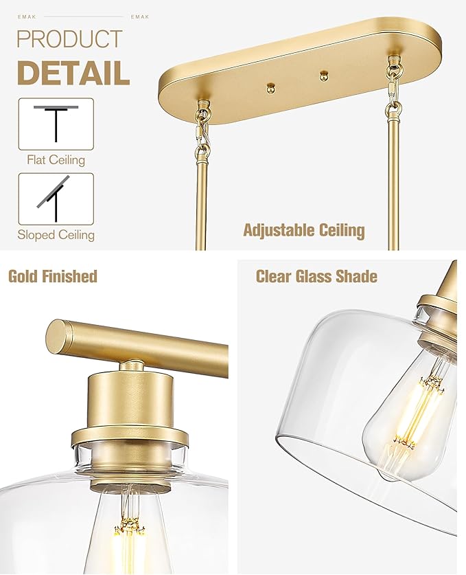Emak Gold Kitchen Island Lighting, 3-Light Dining Room Light Fixtures Over Table with Clear Glass Shade, Modern 32 Inch Island Lights for Kitchen, Dining Room, Bar, IL122-GD-CG-3