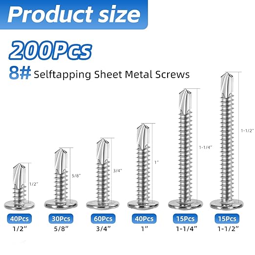 200PCS Sheet Metal Self-Drilling Screws Assortment Kit - #8 Truss Head Stainless Steel Self-Tapping Screws, 6 Sizes (1/2" to 1-1/2") for Sheet Metal, Auto & Roofing