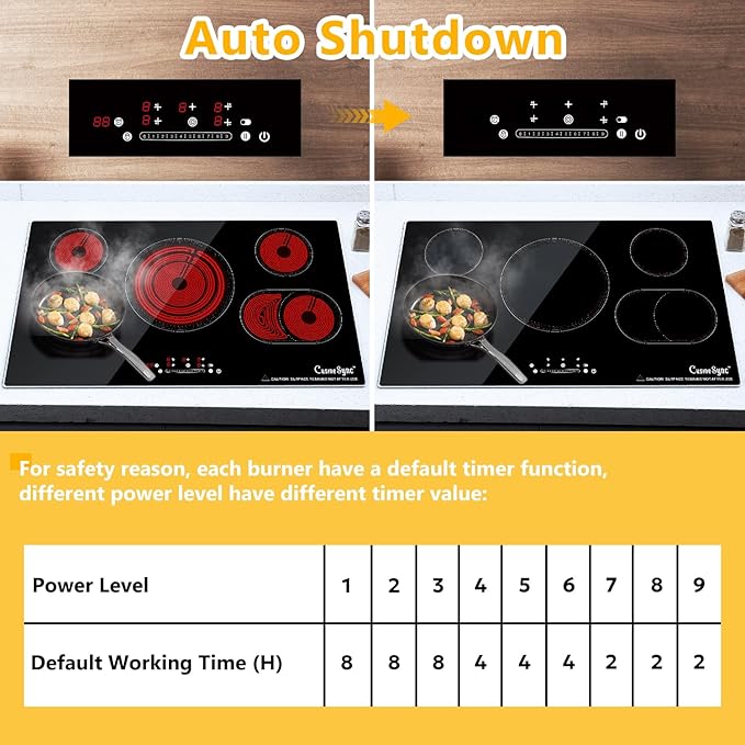 36 Inch Electric Cooktop, 5 Burner Electric Stove Top with 9 Power Levels, Touch Control, Timer, Child Lock and Residual Heat Warning, 9200W, 220-240V for Hard Wire