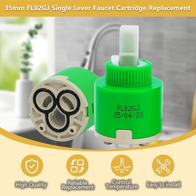 FL02GJ 35mm Single Lever Faucet Cartridge Replacement for American Standard 7034 Cartridge, Danze DA507348N, Gerber-92-298, Moen-121620, La Torre Single Lever Faucets, 1 3/8"