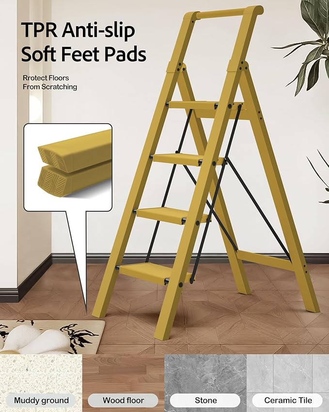 Taranta 4 Step Ladder, Lightweight Aluminum Step Stool with Convenient Handgrip, Folding Ladder with Anti-Slip Pedals, 330lbs Capacity Stepladder for Home, Office, Kitchen - Twilight Yellow