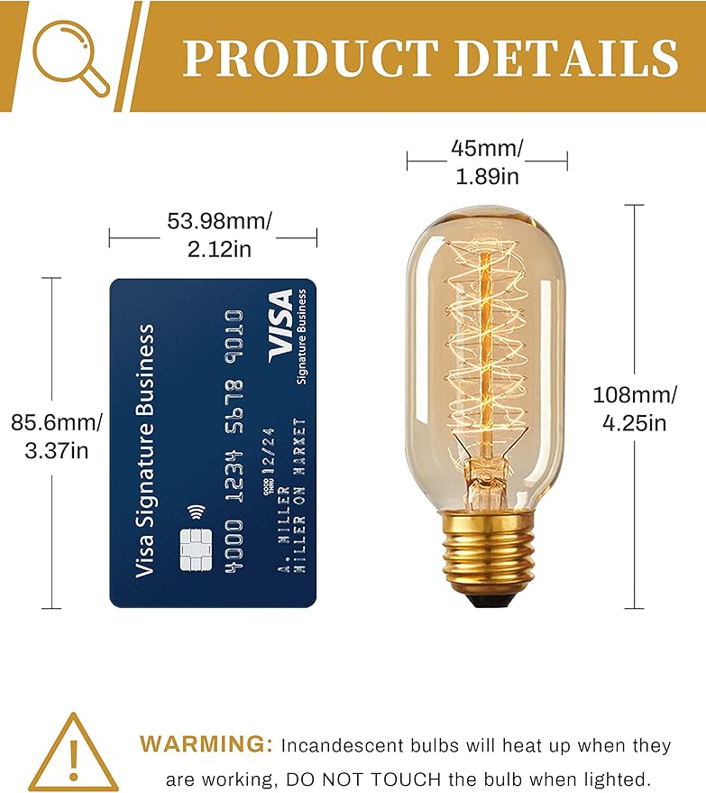 DORESshop Edison Bulbs [4 Pack], 60 Watt Light Bulbs, Incandescent Light Bulbs, T45, 110-130 Volts, E26 Bulb, Spiral Filament Lightbulbs, Dimmable Decorative Light Bulbs, Amber Glass, Warm White