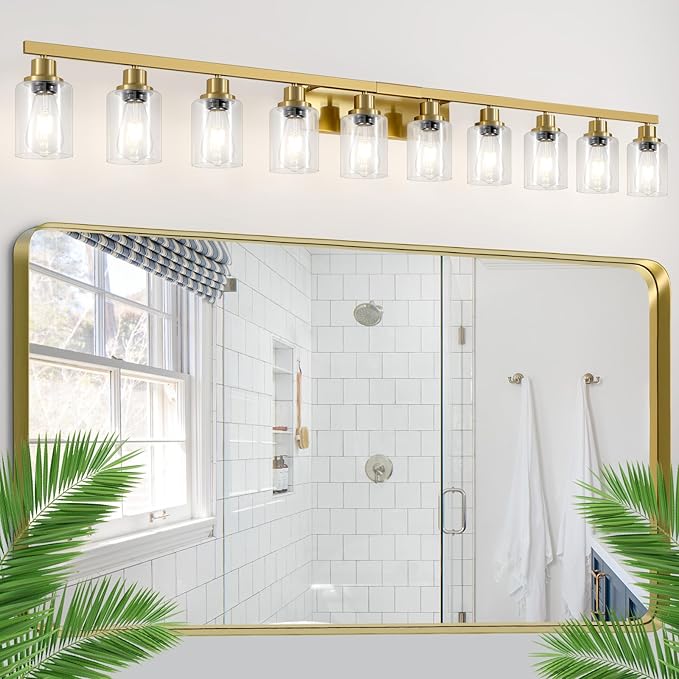 Gold Bathroom Vanity Light,10-Light Brushed Gold Bathroom Light Fixtures with Clear Glass,64.5in Wall Lamp Sconces for Mirror Bedroom,Living Room Hallway,E26