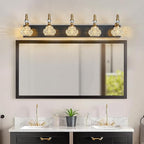 Modern Glass Crystal Vanity Light - Vintage Bathroom Lighting Fixtures Over Mirror, 5 Light Vanity Lights G9 Bulb (35.43 Inch, Black Gold)
