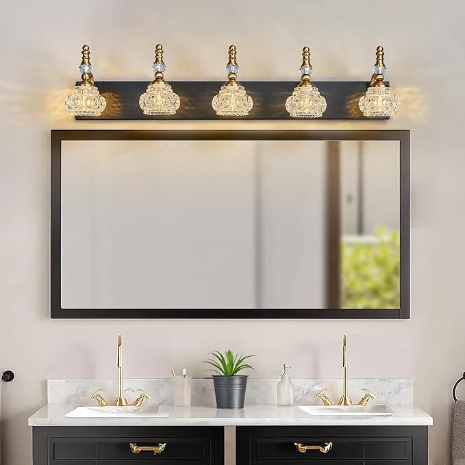 Modern Glass Crystal Vanity Light - Vintage Bathroom Lighting Fixtures Over Mirror, 5 Light Vanity Lights G9 Bulb (35.43 Inch, Black Gold)