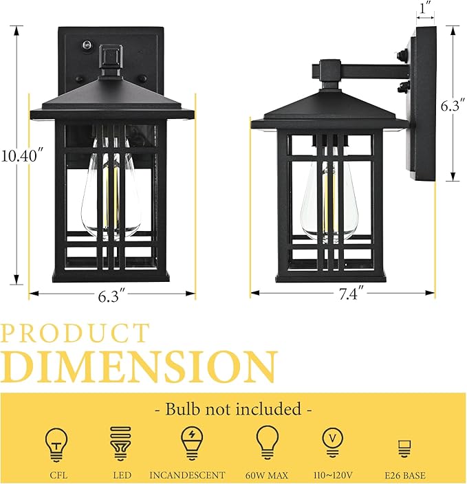 Porch Light Outdoor Wall Mount Fixture - Dawn to Dusk Exterior Lighting, Anti-Rust Aluminum for House, Outside Patio