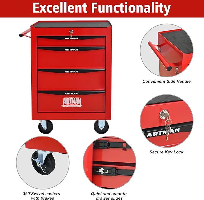 4 Drawers Rolling Tool Box on Wheels, Multifunctional Tool Chest Cabinet with Lock, Drawers Rolling Tool Cart Trolley Organizer Tool Storage Case for Warehouse,Garage,Workshop (Red)