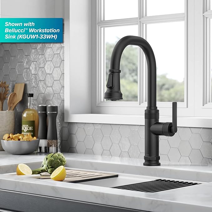 KRAUS Allyn Industrial Pull-Down Single Handle Kitchen Faucet in Matte Black, KPF-4102MB