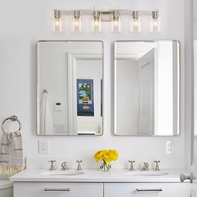 6 Light Bathroom Light Fixtures, Bathroom Vanity Light with Clear Glass, Brushed Nickel Bathroom Lighting Fixtures over Mirror, Large Vanity Lights for Bathroom, Vanity Lights for Mirror, Wall Sconce