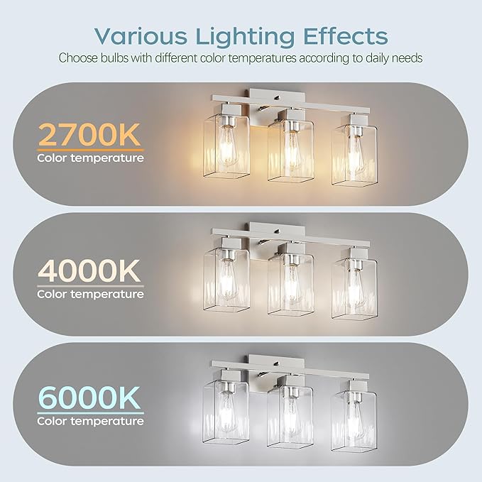 PARTPHONER 3-Light Bathroom Light Fixtures, Brushed Nickel Modern Vanity Lights, Bathroom Lighting Fixtures Over Mirror, Square Design Farmhouse Wall Sconces with Clear Glass Shades