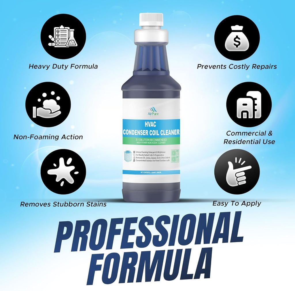 Condenser Coil Cleaner - 1 Quart (946mL), High-Foaming, Non-Acidic Formula – Heavy-Duty Degreaser for Outdoor Condensers, HVAC Systems, Mini Splits, and Heat Pumps, For Commercial or Residential Use