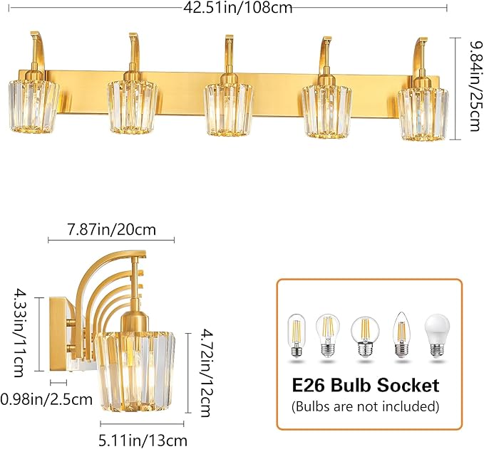 Modern Bathroom Vanity Light, 5-Light Gold Wall Sconce with Crystal Accents, Over Mirror Bathroom Lighting Fixture, 42.52" Long Dimmable Vanity Lamp for Makeup, Easy Installation