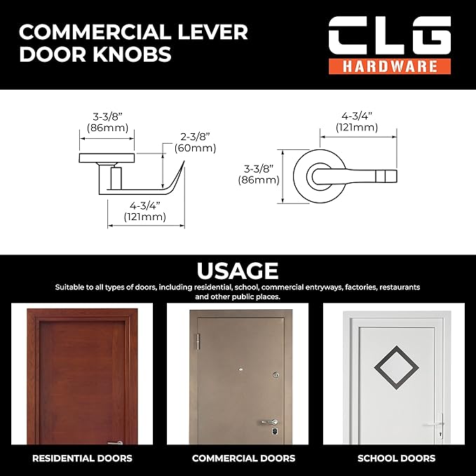 CLG HARDWARE Commercial Lever Door Lock - Heavy-Duty Locking Door Handle, Designer Door Handles, Cylindrical Lever Lock, Non-Handed Grade 2 Industrial Door Handle, 26D Satin Chrome, Entrance w/Clutch