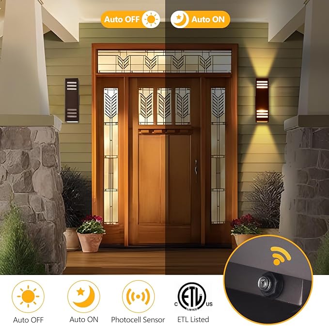 wowlite Outdoor Wall Lights Dusk to Dawn 2 Pack, Modern Porch Lights Outdoor Wall Sconce Square, Bronze Up and Down Lights, Waterproof Exterior Light Fixture for House Garage Patio, ETL Listed