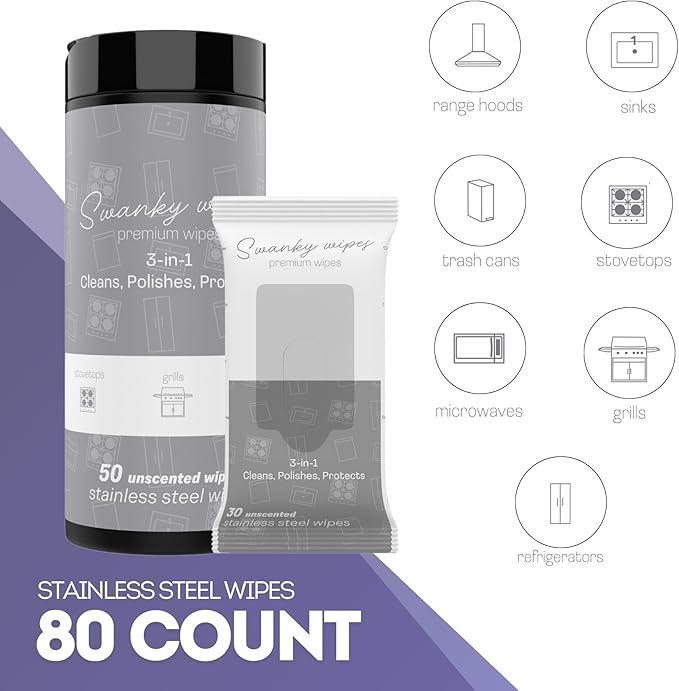 Swanky Stainless Steel Cleaner Wipes Bundle - Grime & Grease Remover Kitchen Cleaning Supplies - Clean & Shine for Stove, Refrigerator, Sink, Oven & Appliances - Soft Wipes (30 Ct) & Canister (50 Ct)