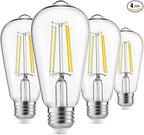 Edison Light Bulbs 60W Equivalent, Dimmable Vintage LED Light Bulbs, E26 Medium Base, Cool White 4000K, ST58, 6W, 750LM, 90+ CRI, Antique Decorative Filament LED Bulb, Clear Glass, Pack of 4