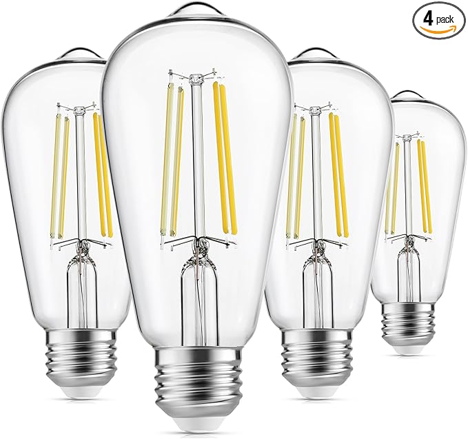 Edison Light Bulbs 60W Equivalent, Dimmable Vintage LED Light Bulbs, E26 Medium Base, Cool White 4000K, ST58, 6W, 750LM, 90+ CRI, Antique Decorative Filament LED Bulb, Clear Glass, Pack of 4