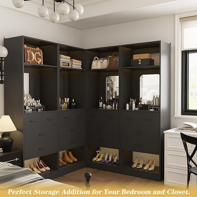 Unikito 100 Inch Closet System with Drawers, 8FT Sturdy Closets Organizer with Storage Shelves and Mirror Design, Freestanding Wood Walk in Closet Towers, Easy Assembly, Max Load 2000 LBS, Black