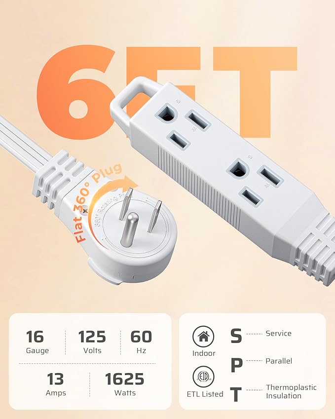 DEWENWILS 6FT 360° Rotating Flat Plug Extension Cord/Wire, 16AWG Multi 3 Outlet Extension Cord, 3 Prong Grounded Wire for Small Appliances, 2 Pack, White