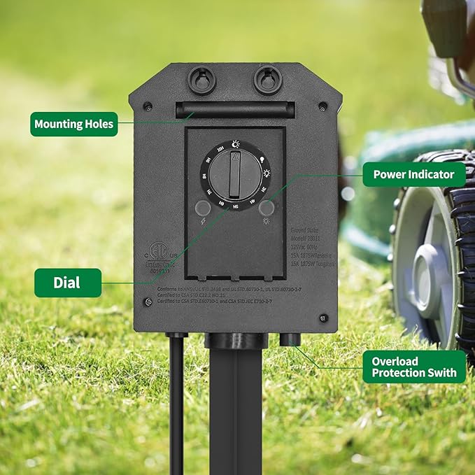 Outdoor Power Strip Timer Waterproof, Dusk to Dawn Light Sensor Countdown, 25 Feet Extension Cord, 6 Grounded Outlets for Halloween and Christmas Decorations, ETL Listed